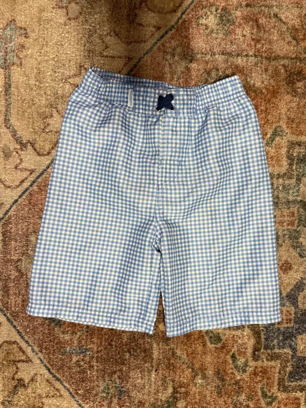 Kids Light Blue Gingham Swim Trunks with Elastic Waist